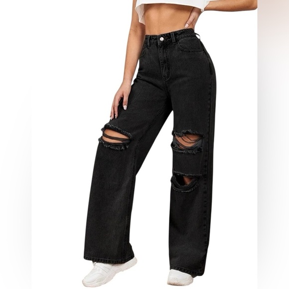 Women's Black Highwaisted Distressed Ripped Jeans - Picture 1 of 1
